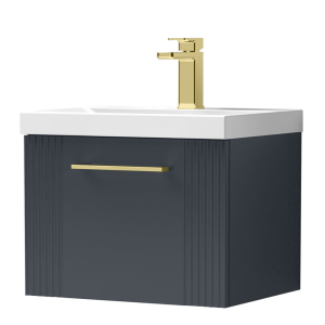 Roxbury Deco Fluted 500mm Anthracite Grey Vanity Unit   Wall Hung 1 Drawer Unit with Brushed Brass Handle