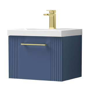 Roxbury Deco Fluted 500mm Blue Vanity Unit   Wall Hung 1 Drawer Unit with Brushed Brass Handle