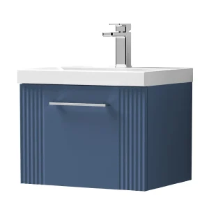 Roxbury Deco Fluted 500mm Blue Vanity Unit   Wall Hung Single Drawer Unit with Chrome Handle