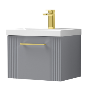 Roxbury Deco Fluted 500mm Grey Vanity Unit   Wall Hung 1 Drawer Unit with Brushed Brass Handle