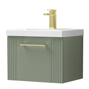 Roxbury Deco Fluted 500mm Green Vanity Unit   Wall Hung 1 Drawer Unit with Brushed Brass Handle