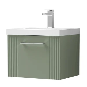 Roxbury Deco Fluted 500mm Green Vanity Unit   Wall Hung Single Drawer Unit with Chrome Handle