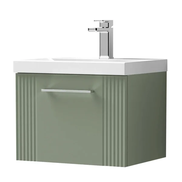 Roxbury Deco Fluted 500mm Green Vanity Unit   Wall Hung Single Drawer Unit with Chrome Handle