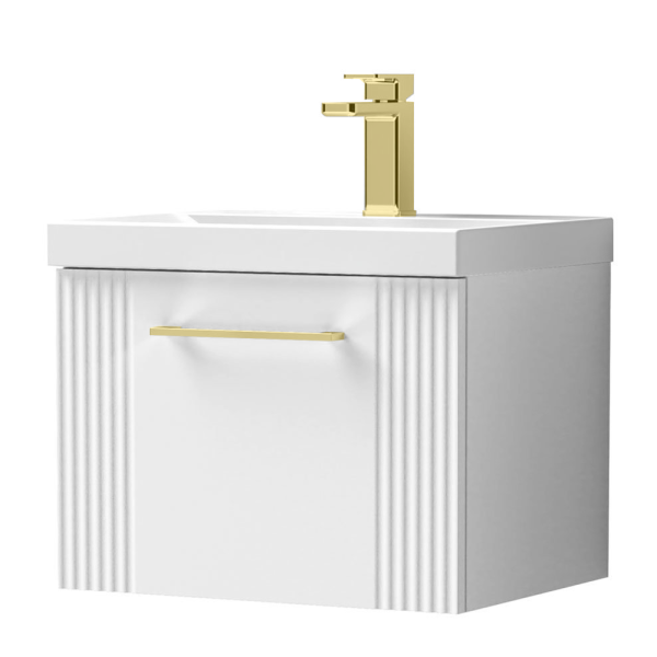 Roxbury Deco Fluted 500mm White Vanity Unit   Wall Hung 1 Drawer Unit with Brushed Brass Handle