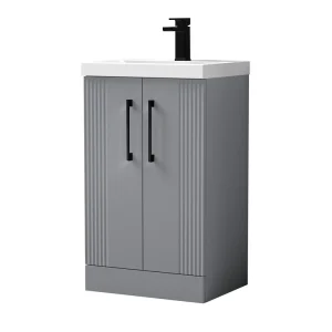 Roxbury Deco Fluted 500mm Grey Vanity Unit   Floor Standing 2 Door Unit with Matt Black Handles