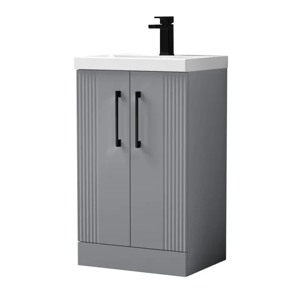 Roxbury Deco Fluted 500mm Grey Vanity Unit   Floor Standing 2 Door Unit with Matt Black Handles
