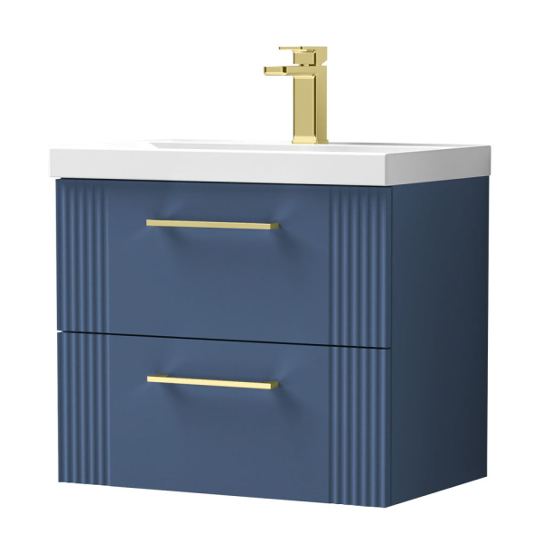 Roxbury Deco Fluted 600mm Blue Vanity Unit   Wall Hung 2 Drawer Unit with Brushed Brass Handles