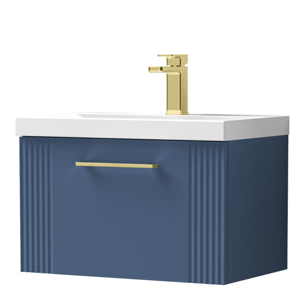 Roxbury Deco Fluted 600mm Blue Vanity Unit   Wall Hung 1 Drawer Unit & Brushed Brass Handle