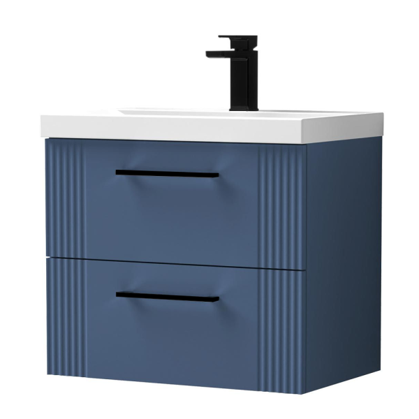 Roxbury Deco Fluted 600mm Blue Vanity Unit   Wall Hung 2 Drawer Unit & Matt Black Handles