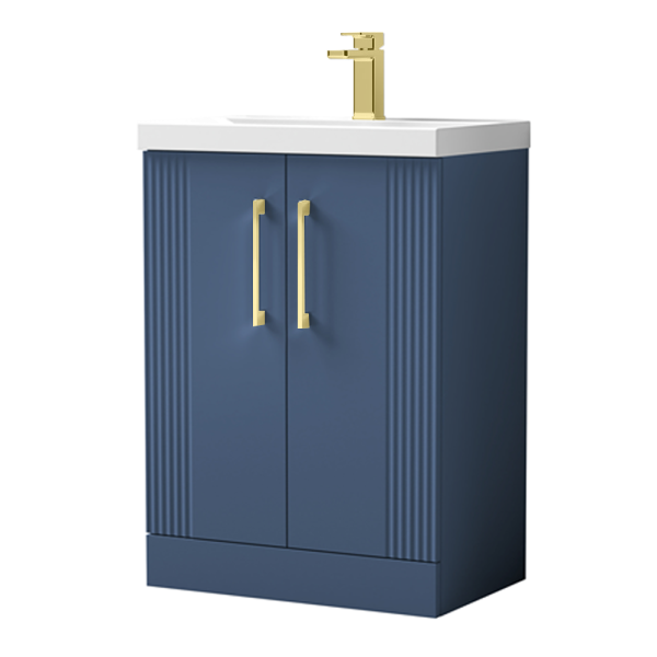 Roxbury Deco Fluted 600mm Blue Vanity Unit   Floor Standing 2 Door Unit with Brushed Brass Handles