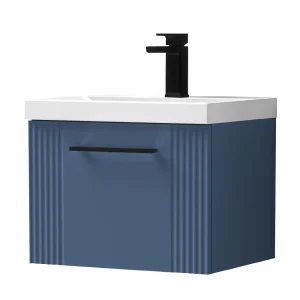 Roxbury Deco Fluted 500mm Blue Vanity Unit   Wall Hung Single Drawer Unit and Matt Black Handle