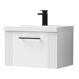 Roxbury Deco Fluted 600mm White Vanity Unit   Wall Hung 1 Drawer Unit & Matt Black Handle