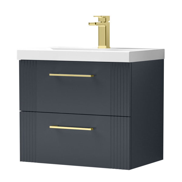 Roxbury Deco Fluted 600mm Anthracite Grey Vanity Unit   Wall Hung 2 Drawer Unit with Brushed Brass Handles