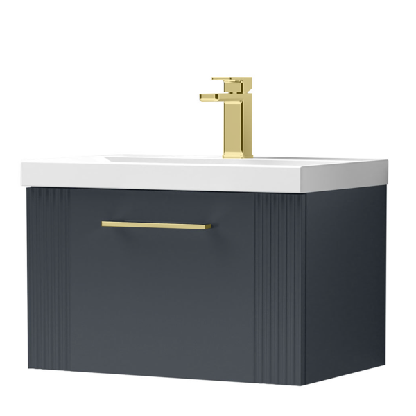 Roxbury Deco Fluted 600mm Anthracite Grey Vanity Unit   Wall Hung 1 Drawer Unit & Brushed Brass Handle