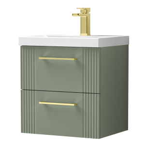 Roxbury Deco Fluted 500mm Green Vanity Unit   Wall Hung 2 Drawer Unit & Brushed Brass Handles