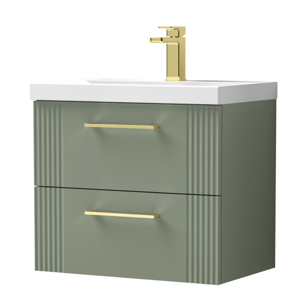 Roxbury Deco Fluted 600mm Green Vanity Unit   Wall Hung 2 Drawer Unit with Brushed Brass Handles