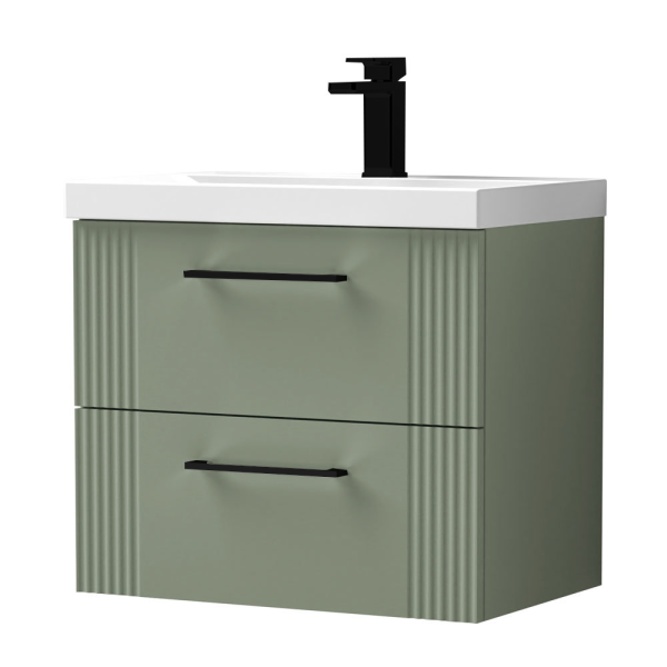 Roxbury Deco Fluted 600mm Green Vanity Unit   Wall Hung 2 Drawer Unit & Matt Black Handles
