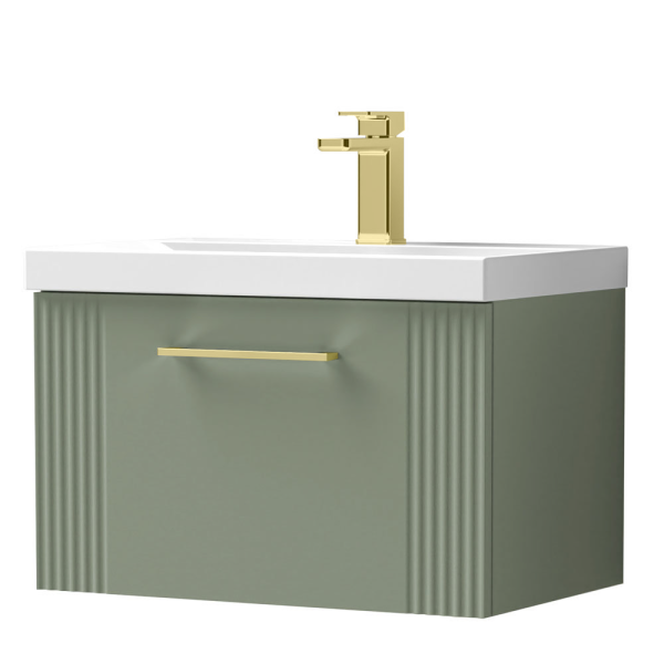 Roxbury Deco Fluted 600mm Green Vanity Unit   Wall Hung 1 Drawer Unit & Brushed Brass Handle