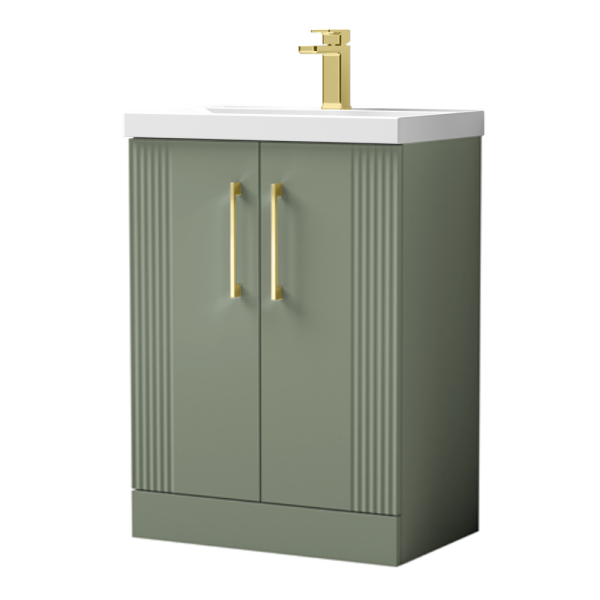 Roxbury Deco Fluted 600mm Green Vanity Unit   Floor Standing 2 Door Unit with Brushed Brass Handles