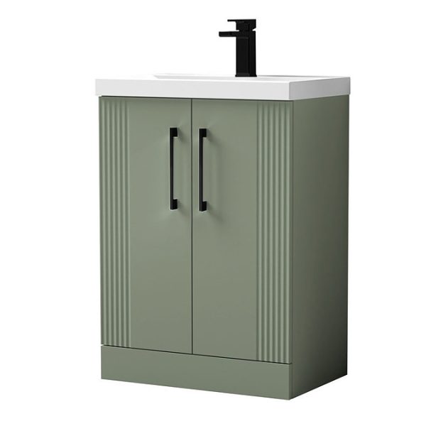 Roxbury Deco Fluted 600mm Green Vanity Unit   Floor Standing 2 Door Unit with Matt Black Handles - Image 4