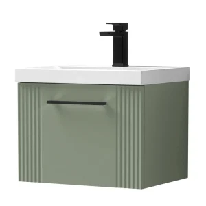 Roxbury Deco Fluted 500mm Green Vanity Unit   Wall Hung Single Drawer Unit with Matt Black Handle