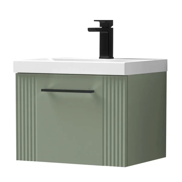 Roxbury Deco Fluted 500mm Green Vanity Unit   Wall Hung Single Drawer Unit with Matt Black Handle