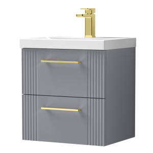 Roxbury Deco Fluted 500mm Grey Vanity Unit   Wall Hung 2 Drawer Unit & Brushed Brass Handles