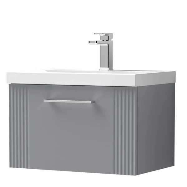 Roxbury Deco Fluted 600mm Grey Vanity Unit   Wall Hung 1 Drawer Unit & Chrome Handle