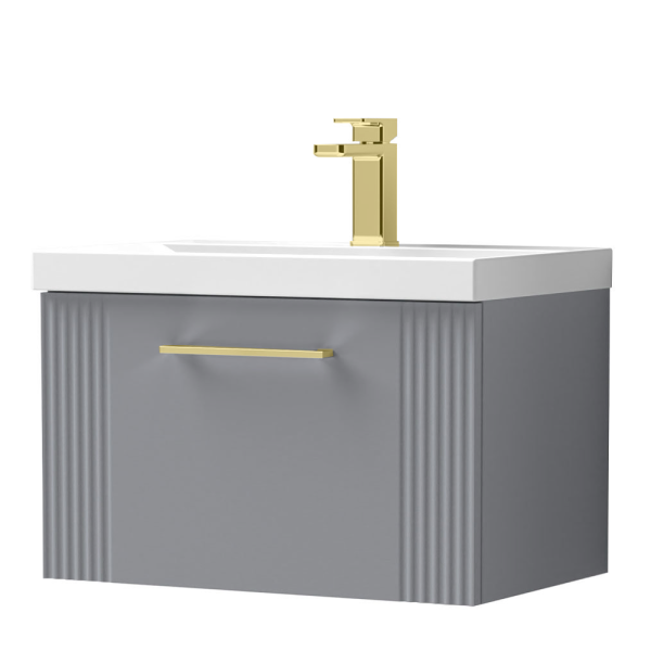 Roxbury Deco Fluted 600mm Grey Vanity Unit   Wall Hung 1 Drawer Unit & Brushed Brass Handle