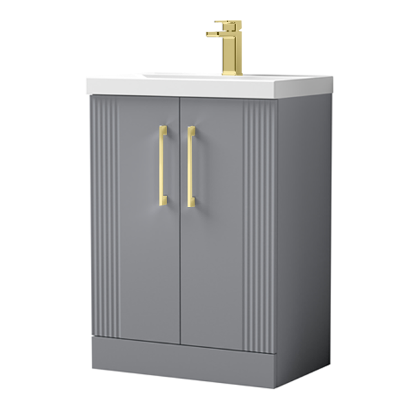 Roxbury Deco Fluted 600mm Grey Vanity Unit   Floor Standing 2 Door Unit with Brushed Brass Handles