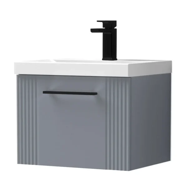 Roxbury Deco Fluted 500mm Grey Vanity Unit   Wall Hung Single Drawer Unit with Matt Black Handle