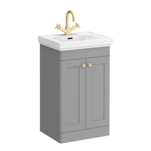 Roxbury Traditional 500mm Satin Grey Vanity Unit   Floor Standing 2 Door Unit with Brushed Brass Handles