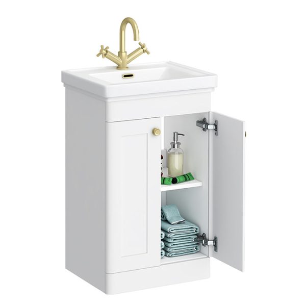 Roxbury Traditional 500mm Satin White Vanity Unit   Floor Standing 2 Door Unit with Brushed Brass Handles - Image 2