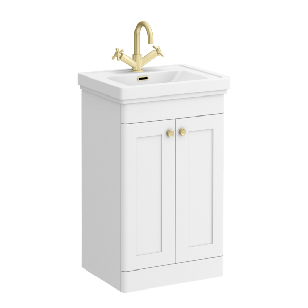Roxbury Traditional 500mm Satin White Vanity Unit   Floor Standing 2 Door Unit with Brushed Brass Handles