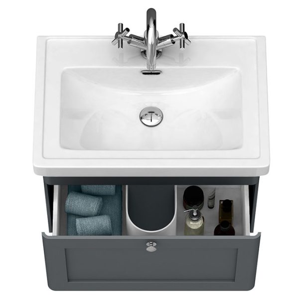 Roxbury Traditional 600mm Satin Anthracite Vanity Unit   Wall Hung Single Drawer Unit with Chrome Handle - Image 2