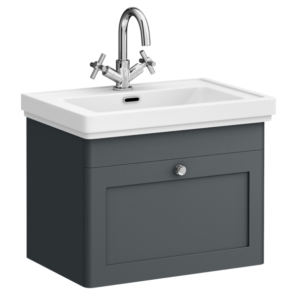 Roxbury Traditional 600mm Satin Anthracite Vanity Unit   Wall Hung Single Drawer Unit with Chrome Handle