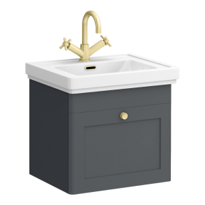 Roxbury Traditional 500mm Satin Anthracite Vanity Unit   Wall Hung Single Drawer Unit with Brushed Brass Handle