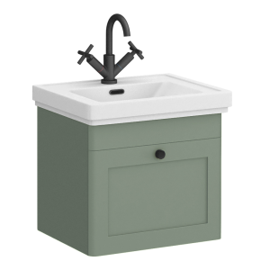 Roxbury Traditional 500mm Satin Green Vanity Unit   Wall Hung Single Drawer Unit with Matt Black Handle