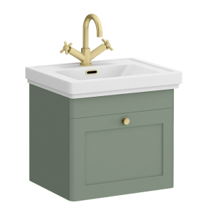 Roxbury Traditional 500mm Satin Green Vanity Unit   Wall Hung Single Drawer Unit with Brushed Brass Handle