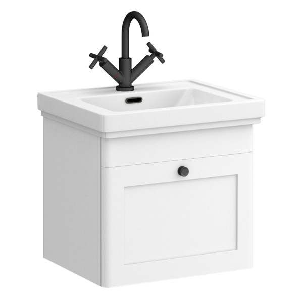 Roxbury Traditional 500mm Satin White Vanity Unit   Wall Hung Single Drawer Unit with Matt Black Handle