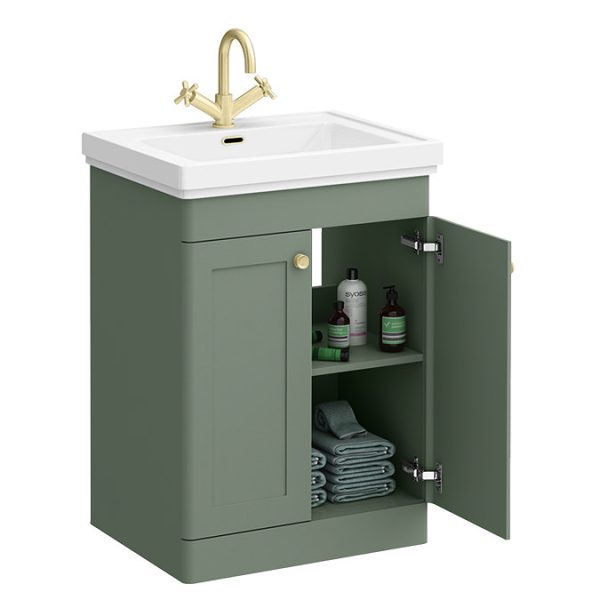 Roxbury Traditional 600mm Satin Green Vanity Unit   Floor Standing 2 Door Unit with Brushed Brass Handles - Image 2