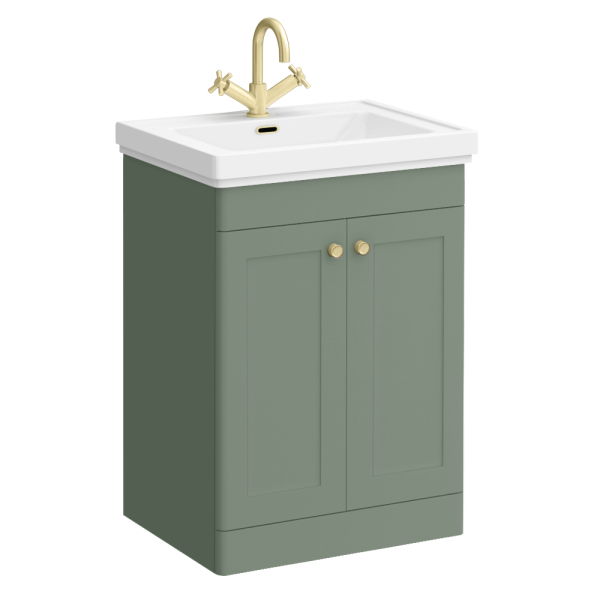 Roxbury Traditional 600mm Satin Green Vanity Unit   Floor Standing 2 Door Unit with Brushed Brass Handles