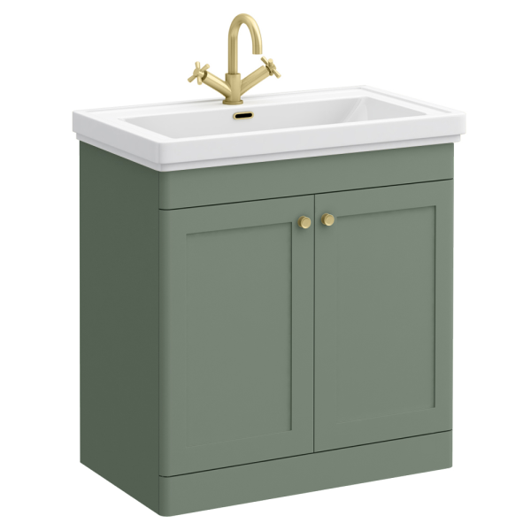 Roxbury Traditional 800mm Satin Green Vanity Unit   Floor Standing 2 Door Unit with Brushed Brass Handles