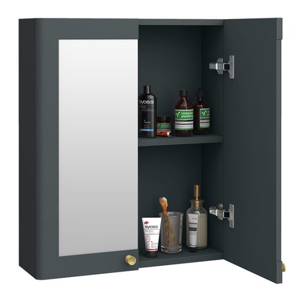 Roxbury Traditional 600mm Satin Anthracite Mirror Cabinet with Brushed Brass Handles - Image 2
