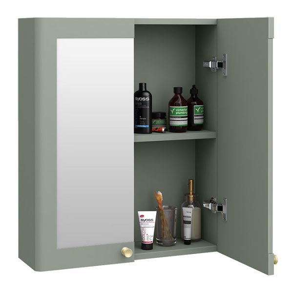 Roxbury Traditional 600mm Satin Green Mirror Cabinet with Brushed Brass Handles - Image 2