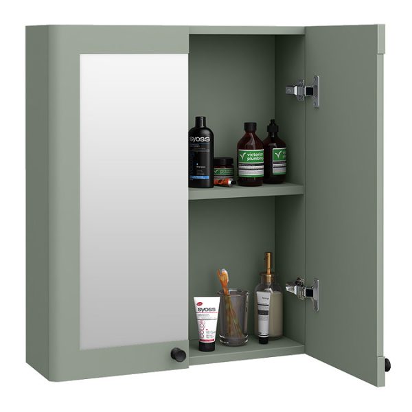 Roxbury Traditional 600mm Satin Green Mirror Cabinet with Matt Black Handles - Image 2