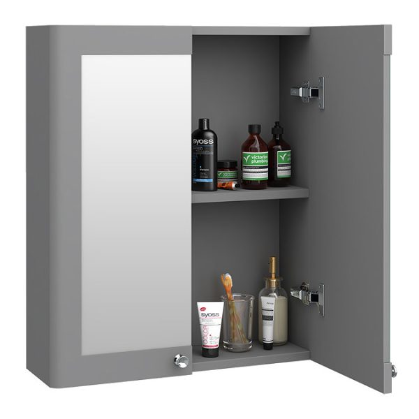 Roxbury Traditional 600mm Satin Grey Mirror Cabinet with Chrome Handles - Image 2