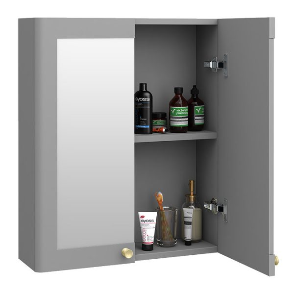 Roxbury Traditional 600mm Satin Grey Mirror Cabinet with Brushed Brass Handles - Image 2