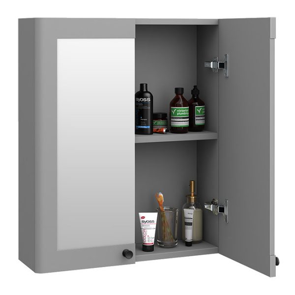 Roxbury Traditional 600mm Satin Grey Mirror Cabinet with Matt Black Handles - Image 2