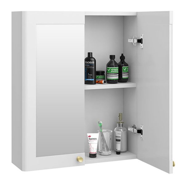 Roxbury Traditional 600mm Satin White Mirror Cabinet with Brushed Brass Handles - Image 2